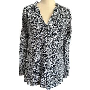 Escapada Navy White Boho Tile Print Split Neck Blouse Womens M Artsy Coastal Top